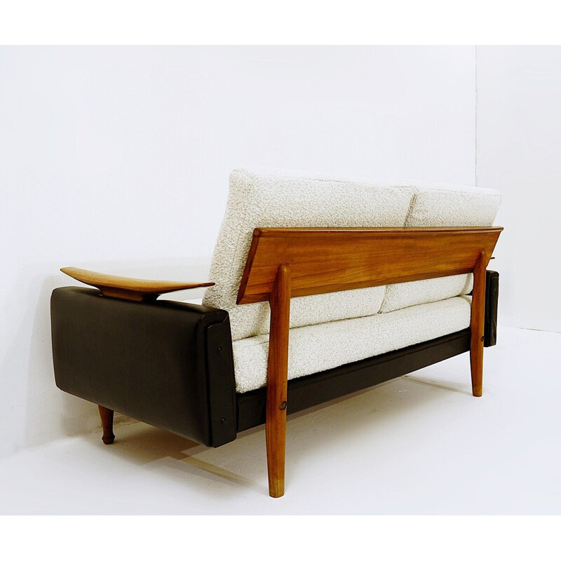 Vintage teak and faux leather sofa bed by Greaves &Thomas UK 1960s