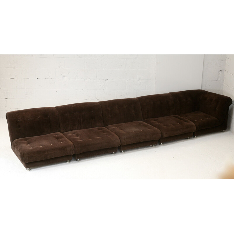 Vintage 5 seater sofa in wood, velvet and foam France 1970s
