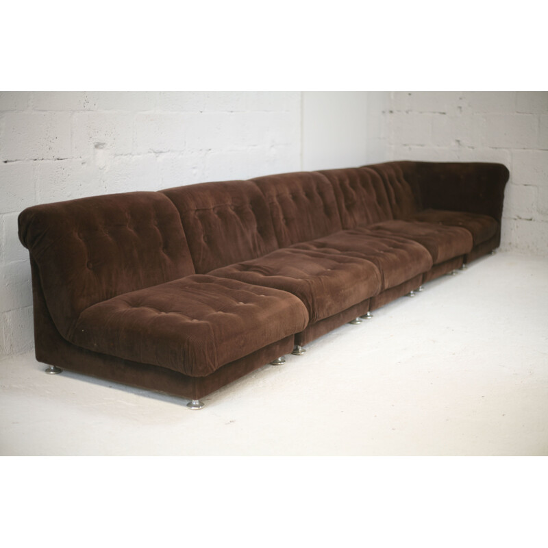 Vintage 5 seater sofa in wood, velvet and foam France 1970s