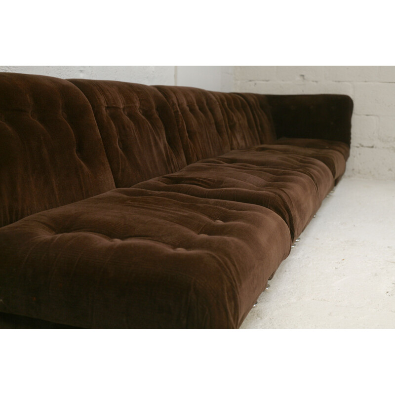 Vintage 5 seater sofa in wood, velvet and foam France 1970s