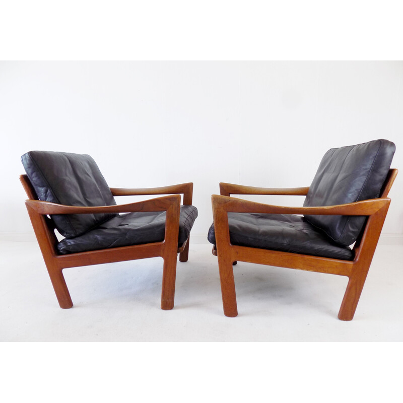 Pair of vintage teak and leather armchairs by N. Eilersen by Illum Wikkelso 1960