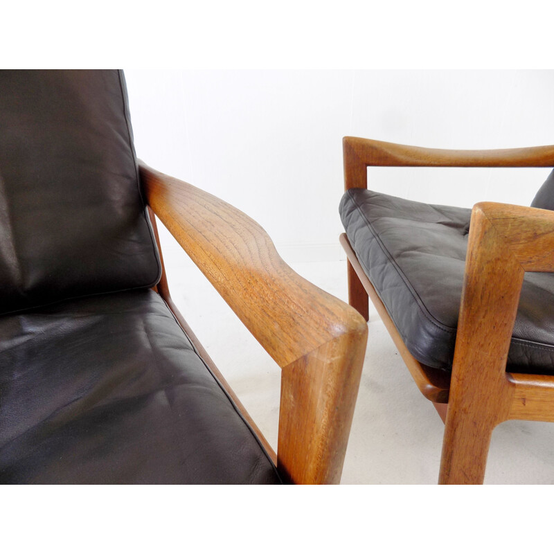 Pair of vintage teak and leather armchairs by N. Eilersen by Illum Wikkelso 1960