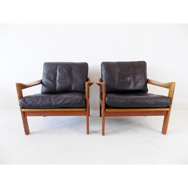 Pair of vintage teak and leather armchairs by N. Eilersen by Illum Wikkelso 1960
