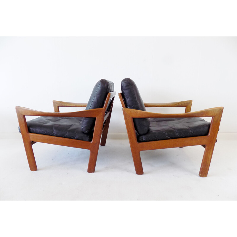 Pair of vintage teak and leather armchairs by N. Eilersen by Illum Wikkelso 1960