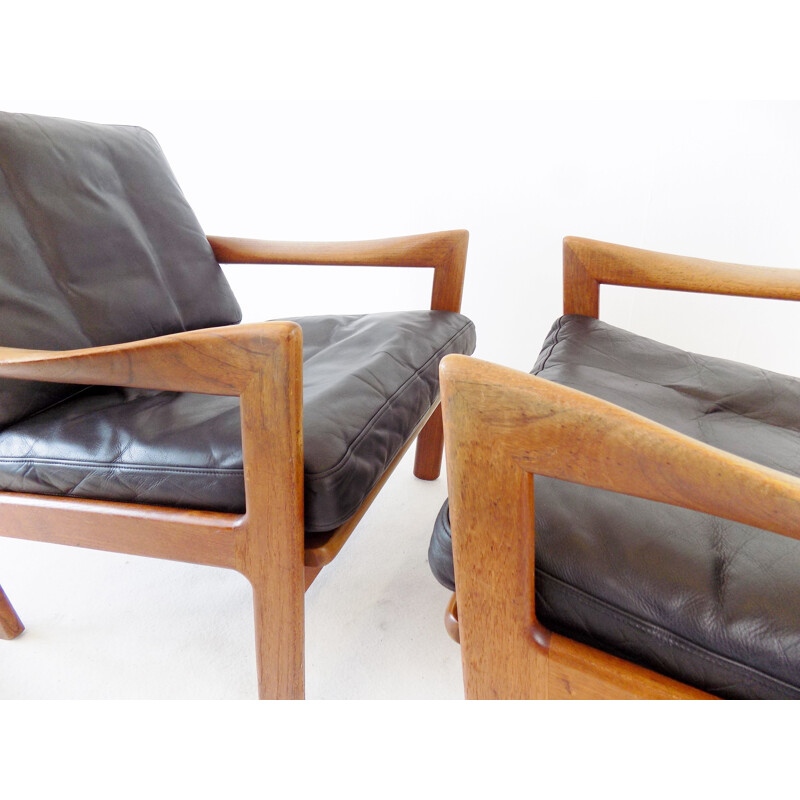 Pair of vintage teak and leather armchairs by N. Eilersen by Illum Wikkelso 1960