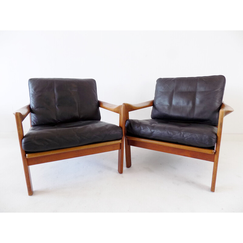 Pair of vintage teak and leather armchairs by N. Eilersen by Illum Wikkelso 1960