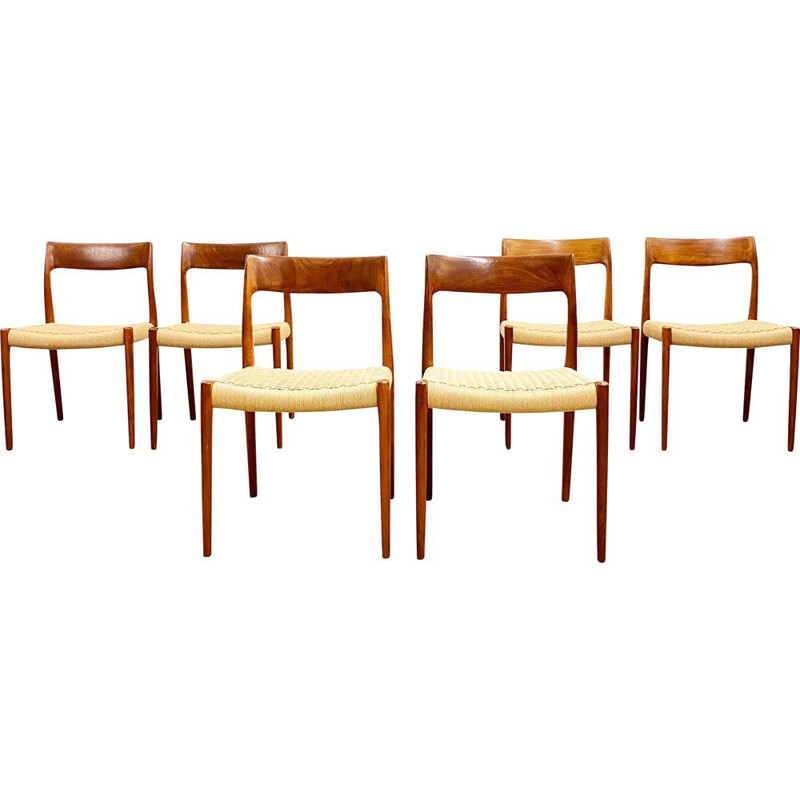 Set of 6 vintage teak chairs model 77 by Niels O. Møller for J.L. Moller Denmark 1950s