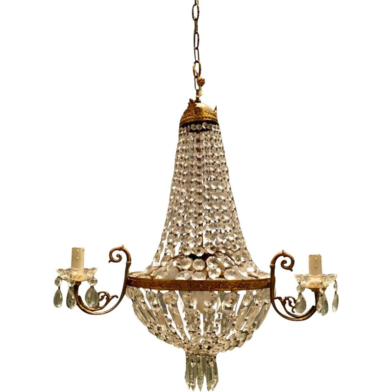 Vintage hand-knotted crystal basket chandelier, 1950