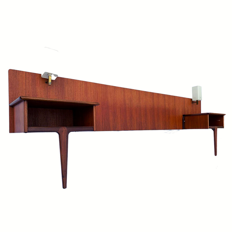 Vintage teak and afromosia headboard with bedside tables and lamps by A. Younger 1960s