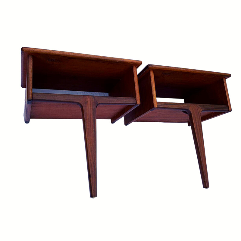 Vintage teak and afromosia headboard with bedside tables and lamps by A. Younger 1960s