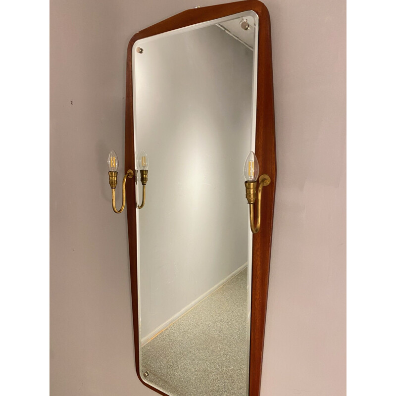 Scandinavian vintage mirror cut in a teak frame with lighting, 1960