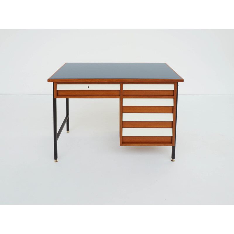 Vintage small desk with blue glass drawers Italy 1950s