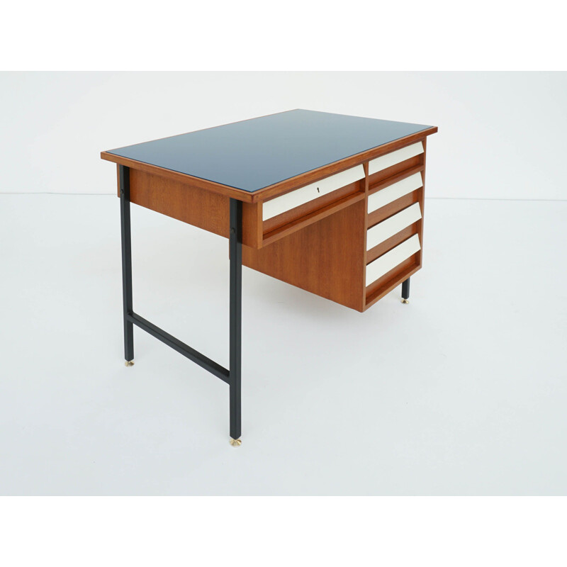 Vintage small desk with blue glass drawers Italy 1950s