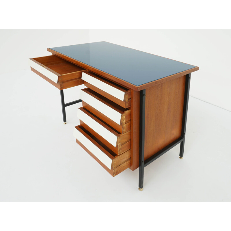 Vintage small desk with blue glass drawers Italy 1950s