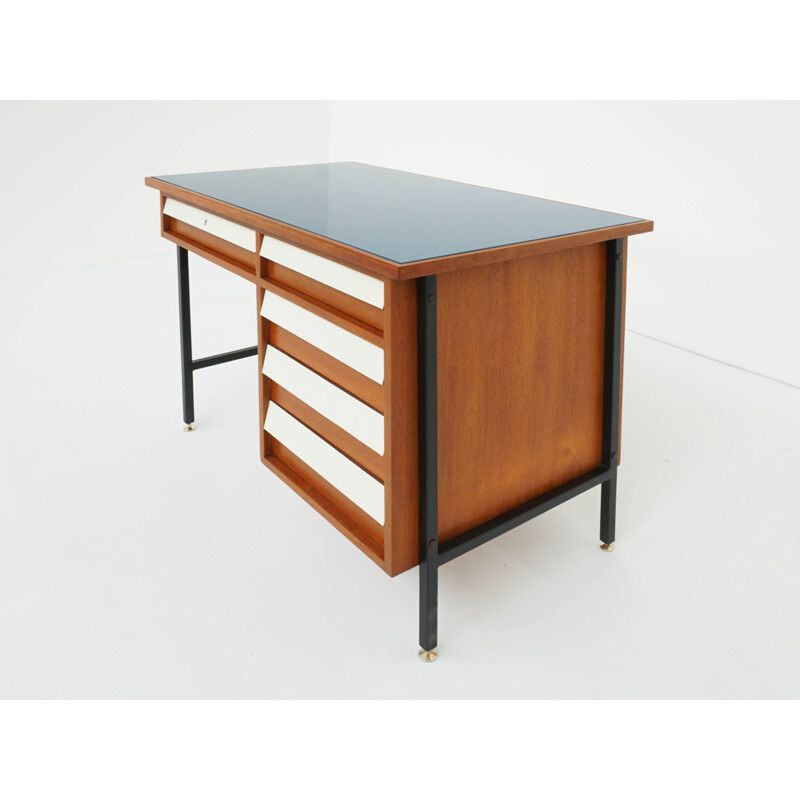 Vintage small desk with blue glass drawers Italy 1950s