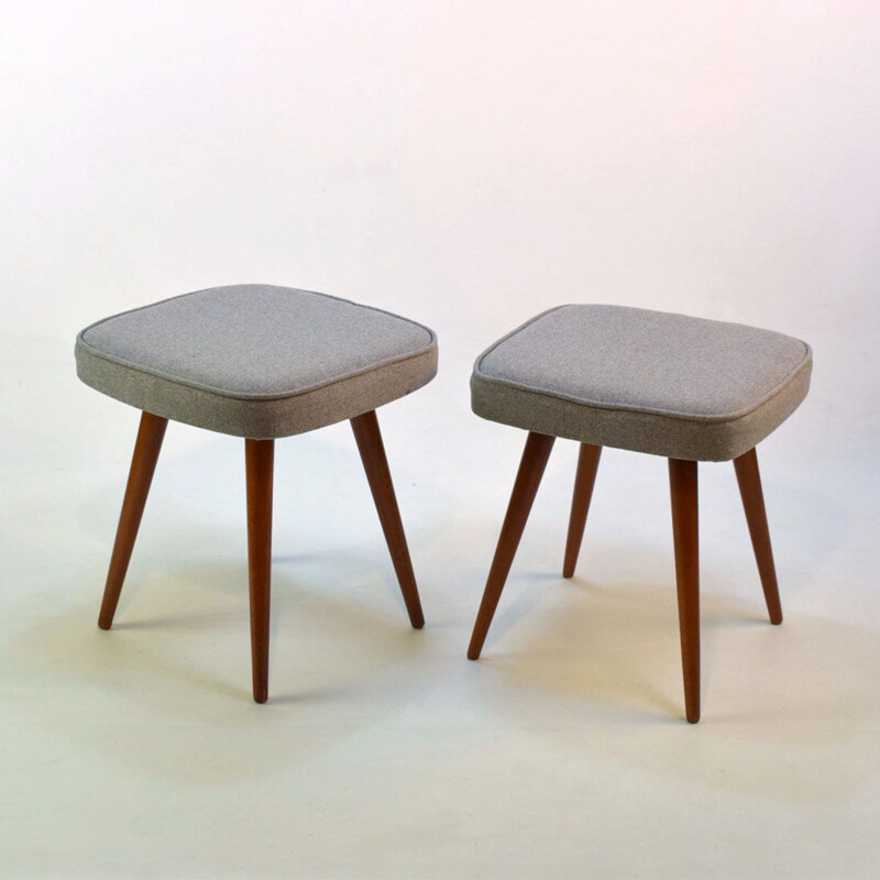 Vintage wood and grey fabric stool 1960