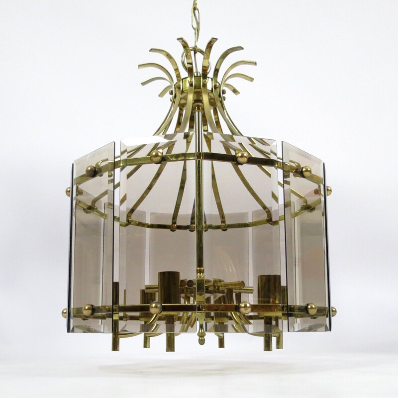 Vintage brass and smoked glass chandelier, 1970