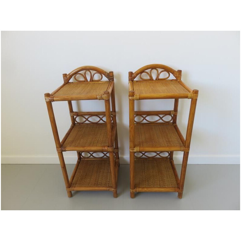 Pair of vintage bedside tables in rattan and bamboo 1980s