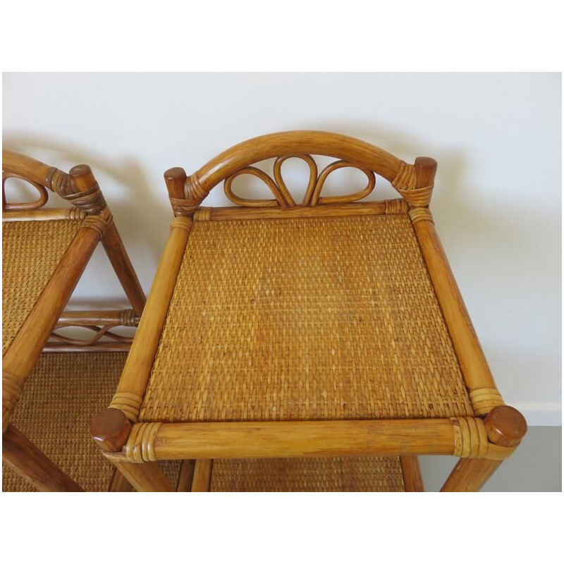 Pair of vintage bedside tables in rattan and bamboo 1980s