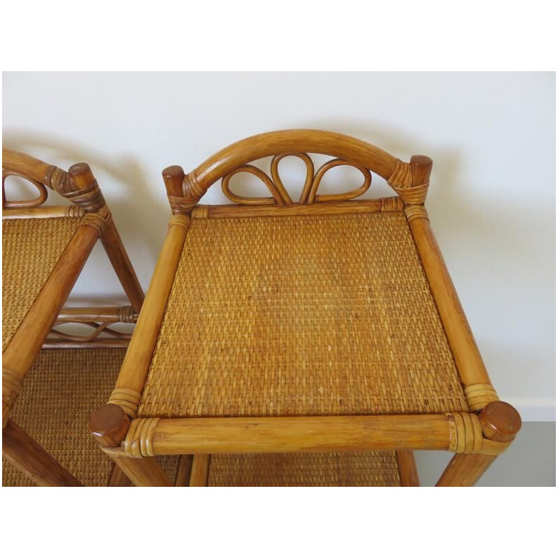 Paire de tables de chevet vintage en rotin et bambou 1980