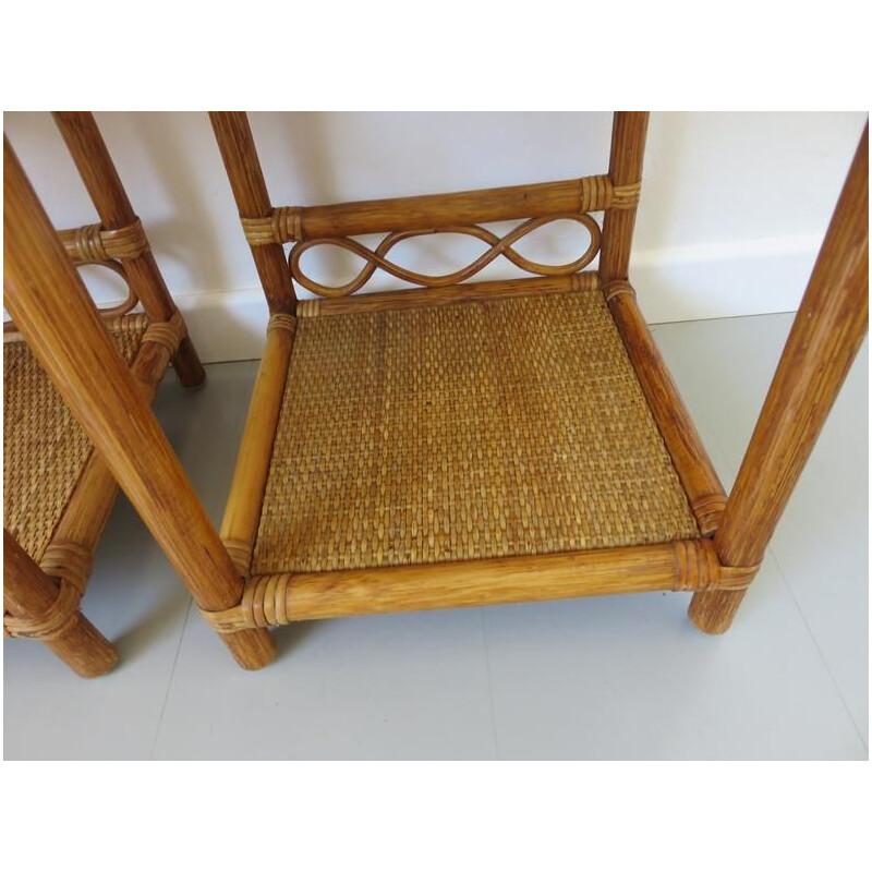 Pair of vintage bedside tables in rattan and bamboo 1980s
