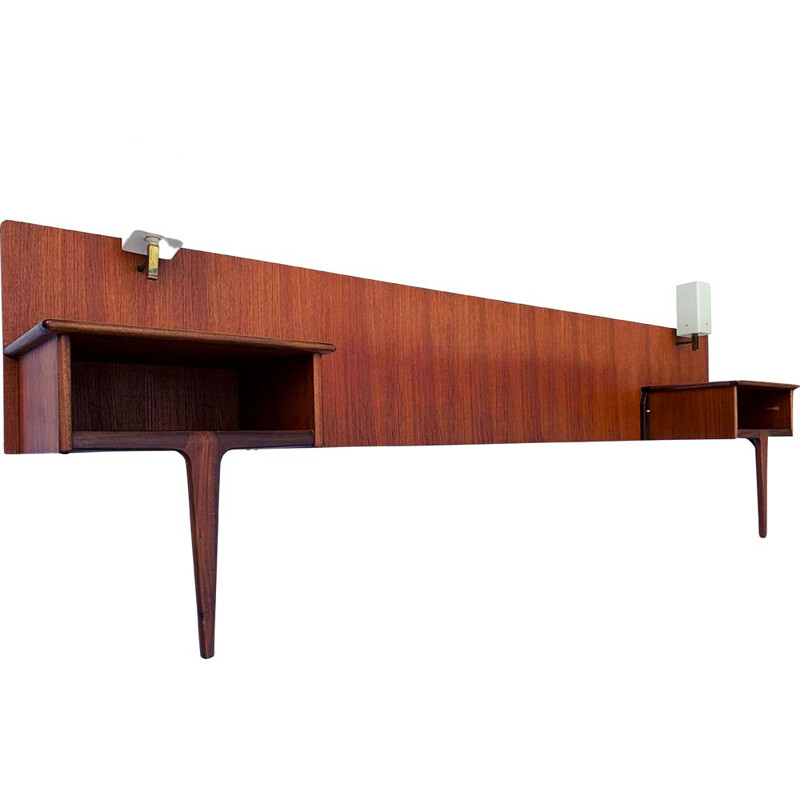 Vintage teak and afromosia headboard with bedside tables and lamps by A. Younger 1960s