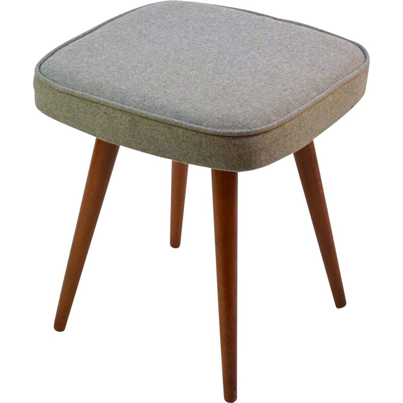 Vintage wood and grey fabric stool 1960