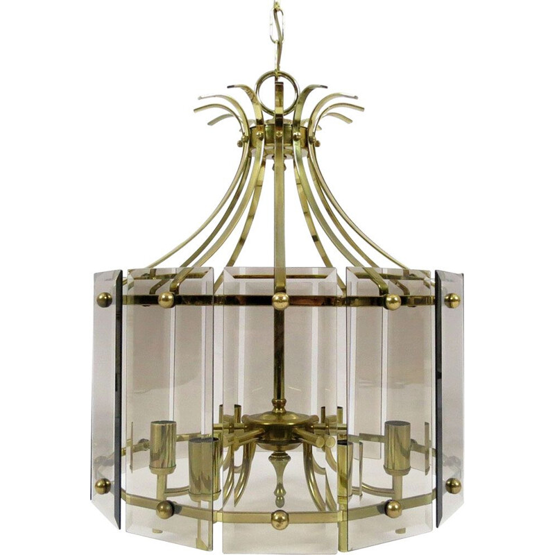 Vintage brass and smoked glass chandelier, 1970