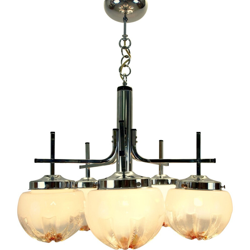 Vintage chandelier in chromed steel and Murano glass by Mazzega, Italy 1970