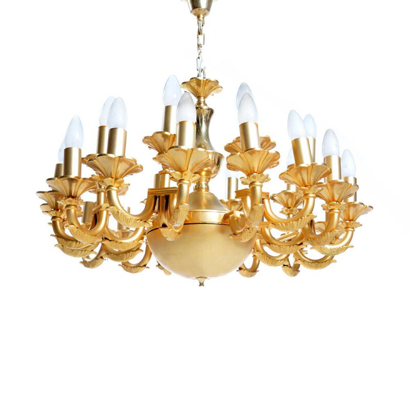 Mid century 24 light oriental chandelier, brass, gold color, Iran 1950s