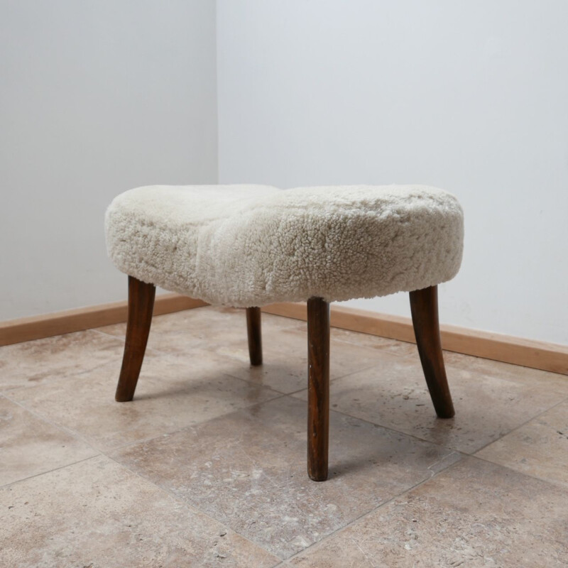 Vintage sheepskin pragh stool by Madsen and Schubell Denmark, 1940s