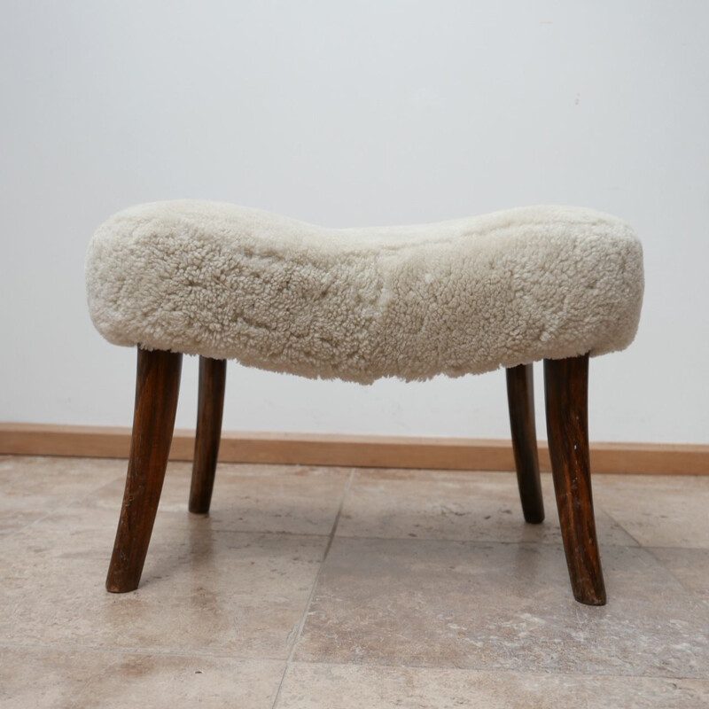 Vintage sheepskin pragh stool by Madsen and Schubell Denmark, 1940s