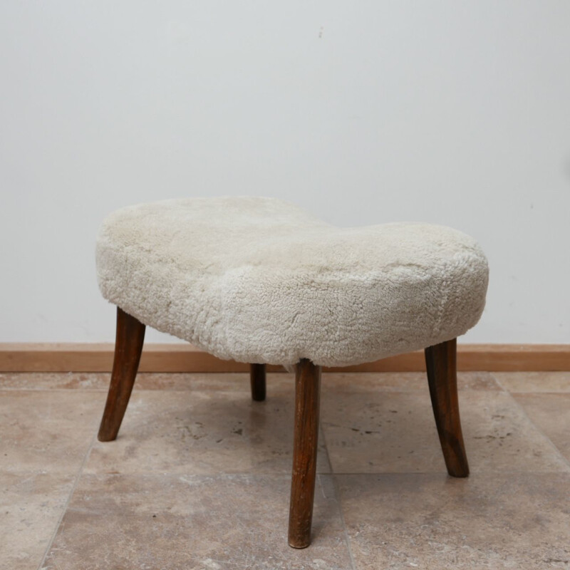 Vintage sheepskin pragh stool by Madsen and Schubell Denmark, 1940s