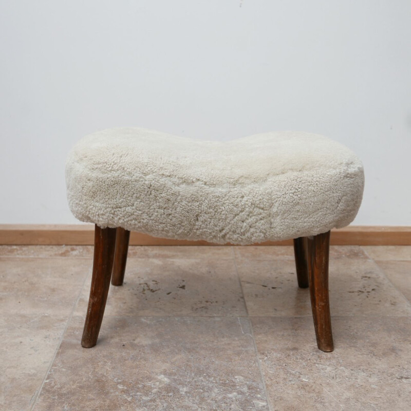 Vintage sheepskin pragh stool by Madsen and Schubell Denmark, 1940s