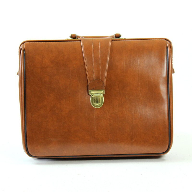 Vintage briefcase in cognac faux leather never used, Czechoslovakia 1960s