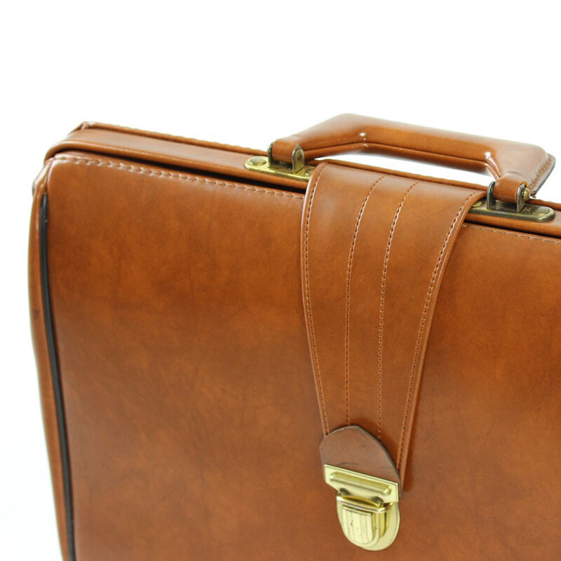 Vintage briefcase in cognac faux leather never used, Czechoslovakia 1960s