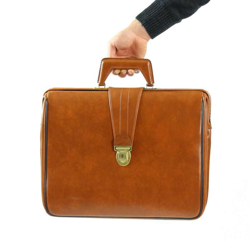 Vintage briefcase in cognac faux leather never used, Czechoslovakia 1960s