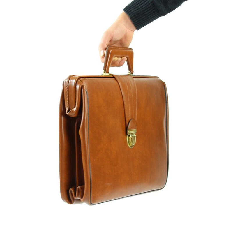 Vintage briefcase in cognac faux leather never used, Czechoslovakia 1960s