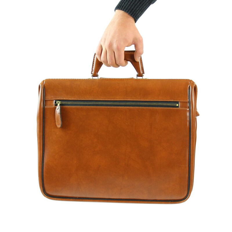 Vintage briefcase in cognac faux leather never used, Czechoslovakia 1960s