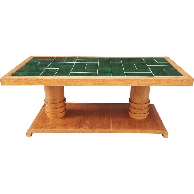 Coffee table in oakwood and green ceramic, GUILLERME and CHAMBRON - 1950s