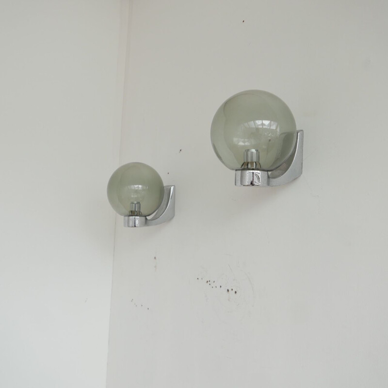 Pair of vintage glass and chrome wall sconces Holland 1970s