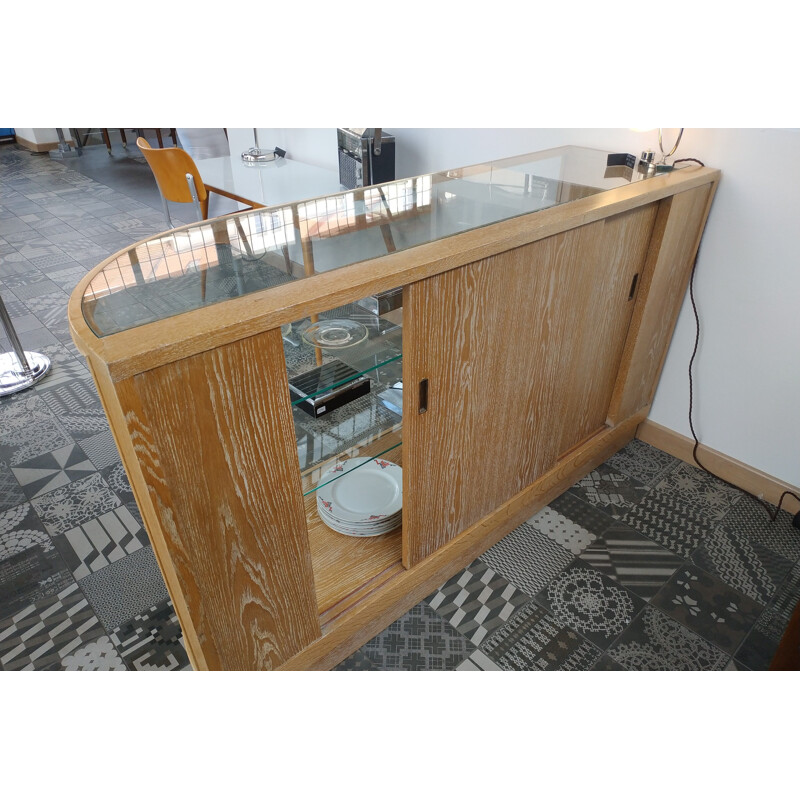 Pair of vintage oak display cabinets with rounded glasses, Czechoslovakia