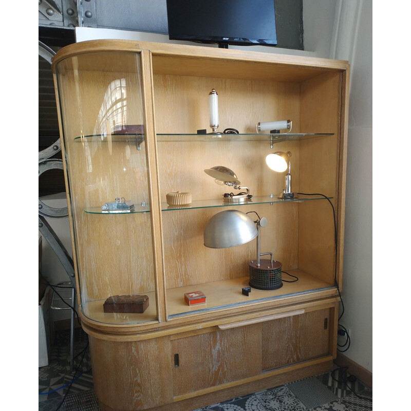 Pair of vintage oak display cabinets with rounded glasses, Czechoslovakia