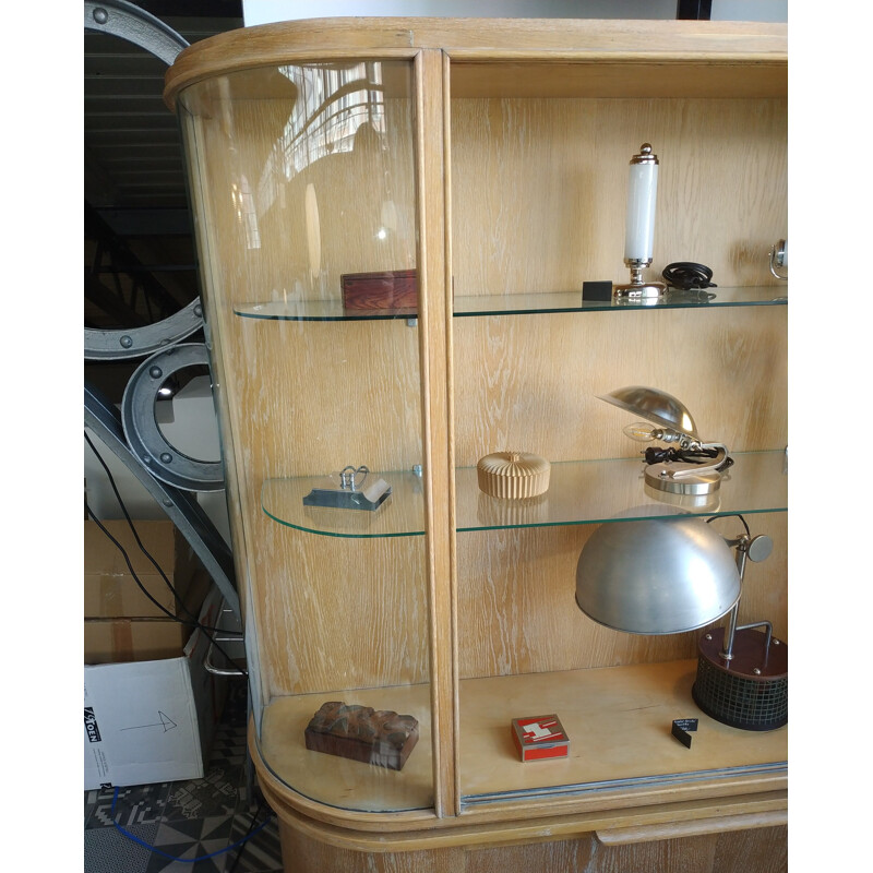 Pair of vintage oak display cabinets with rounded glasses, Czechoslovakia