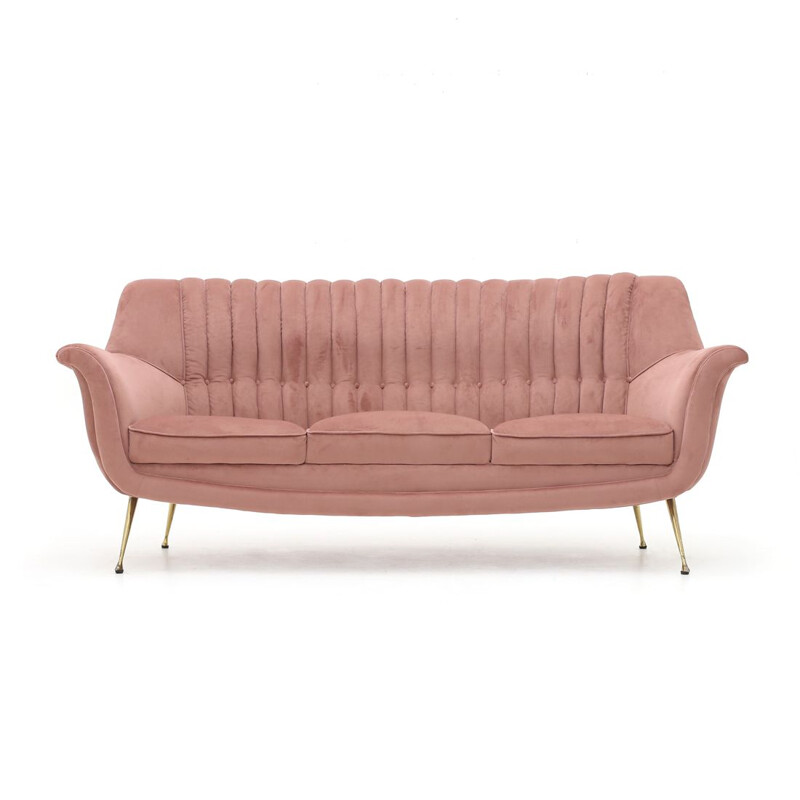 Vintage 3 seater  sofa in pink velvet 1950s