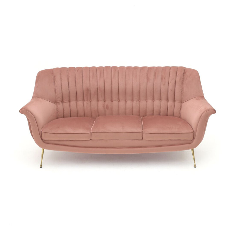 Sofá vintage de 3 plazas en terciopelo rosa 1950