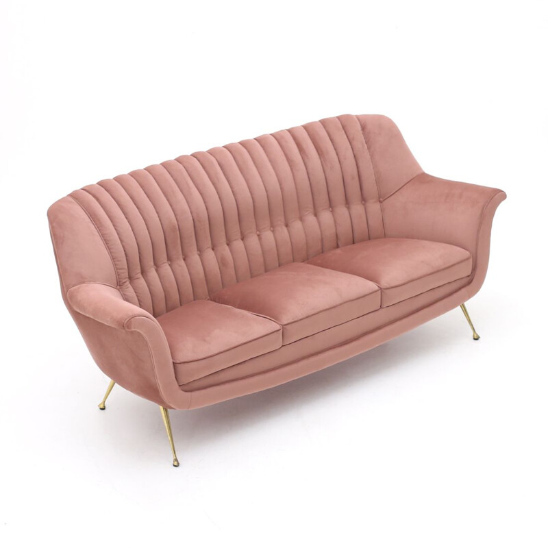 Sofá Vintage 3 lugares sentados em veludo rosa 1950