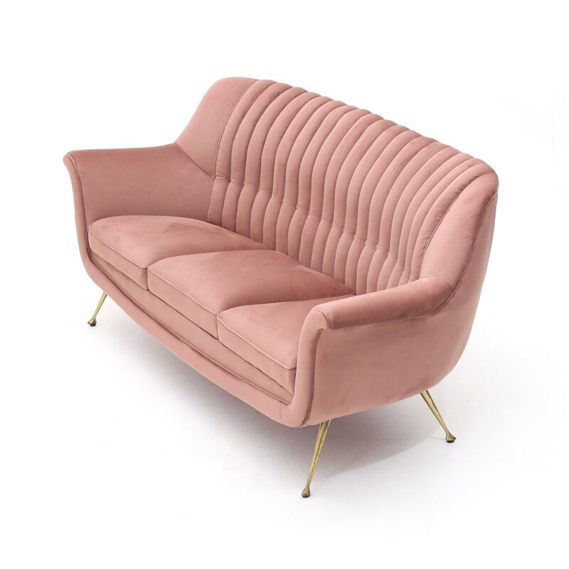 Divano vintage a 3 posti in velluto rosa 1950