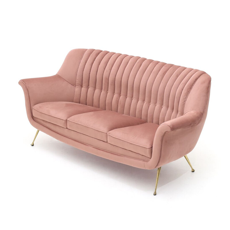 Sofá vintage de 3 plazas en terciopelo rosa 1950