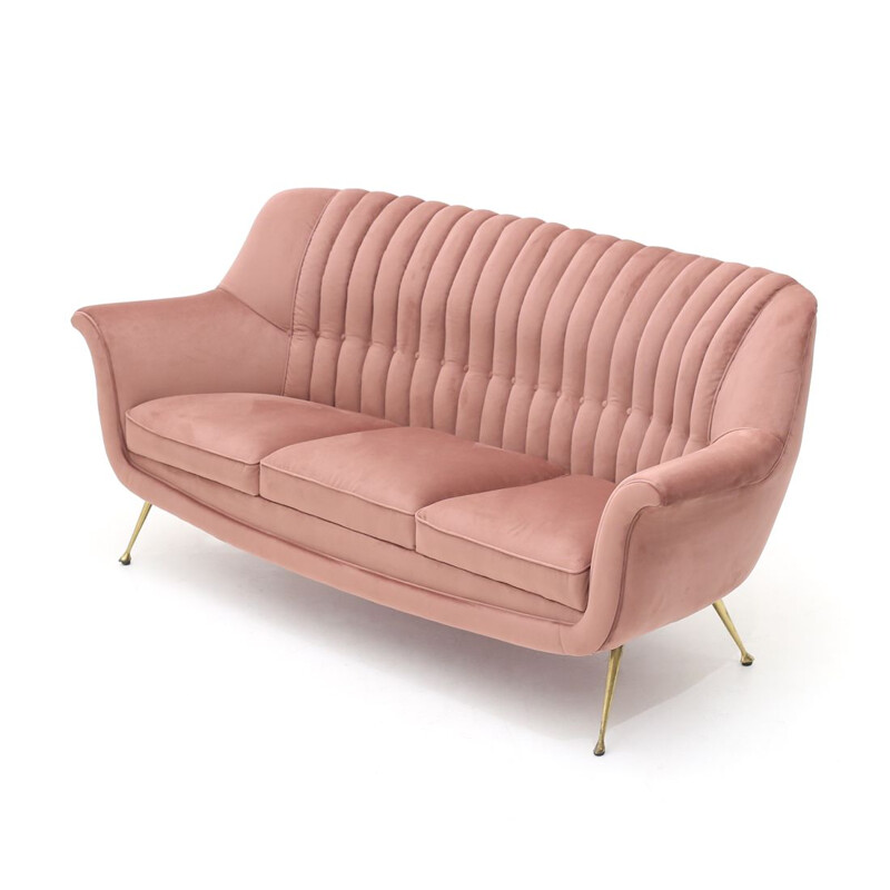 Vintage 3 seater  sofa in pink velvet 1950s